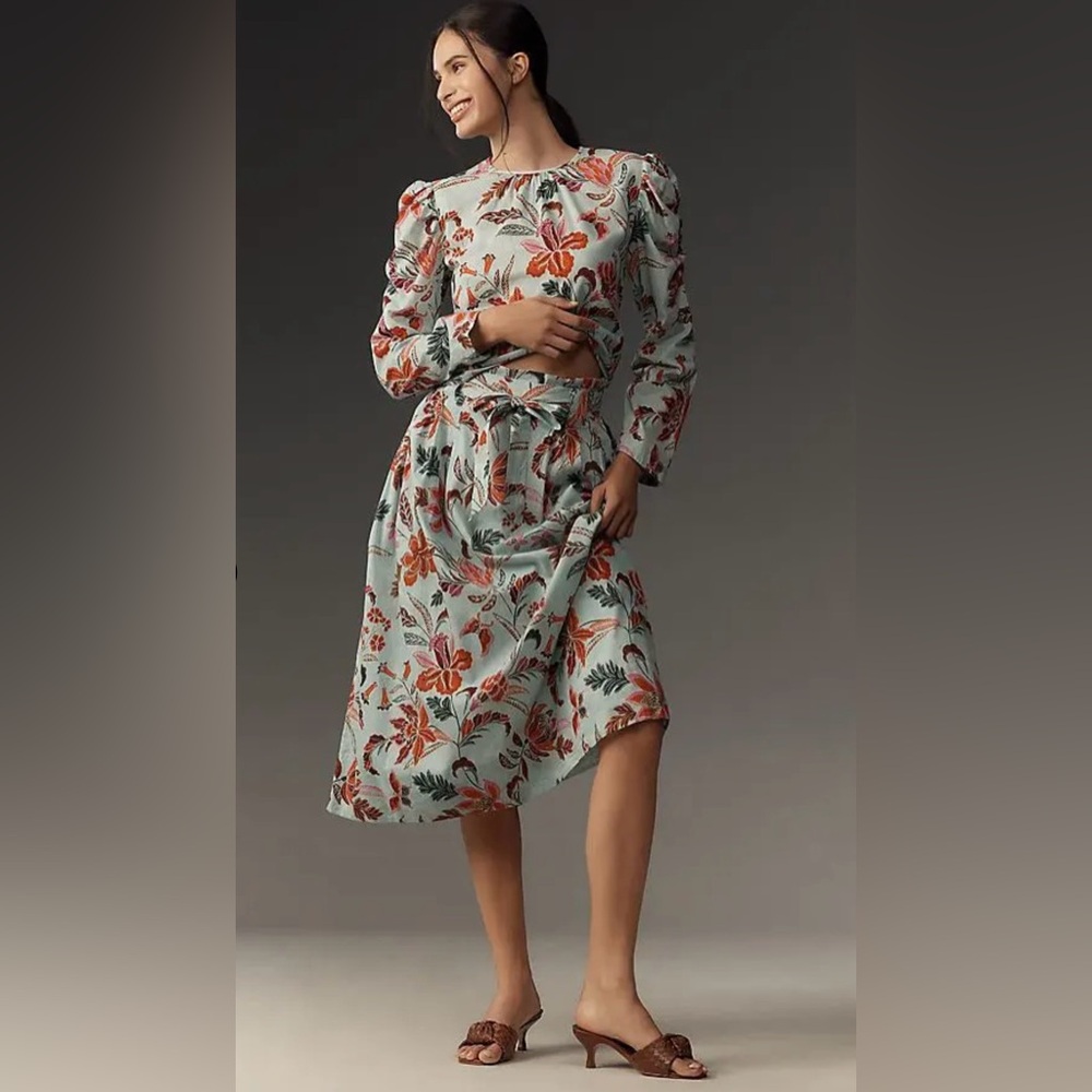 Banjanan Floral 100% Cotton Tobias Midi Skirt With Paper Bag Waist & Pockets